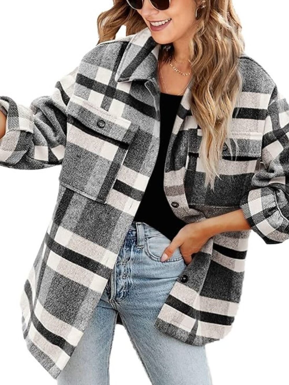 Amazon Plaid Button Down Gray Black White Shacket SIze M